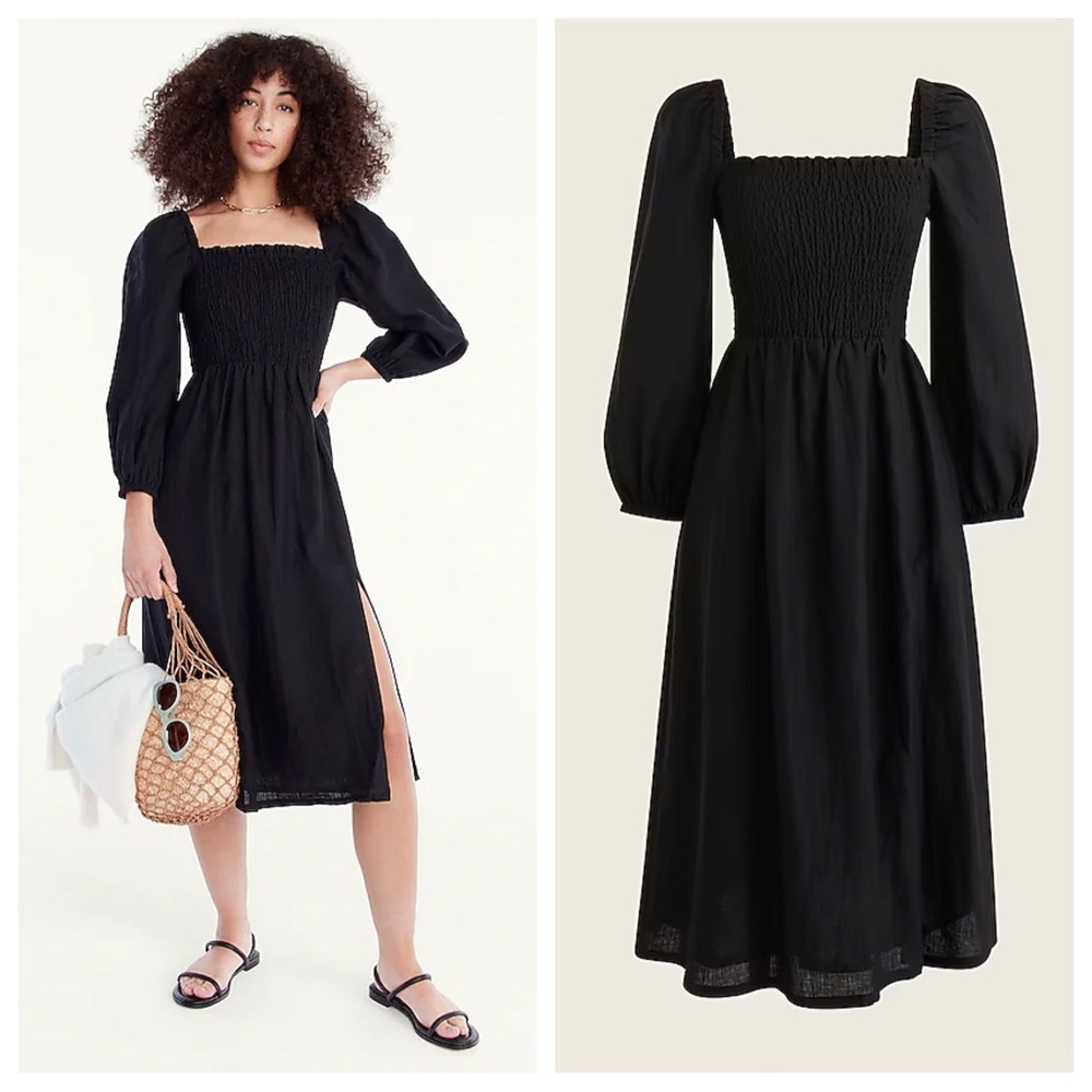J Crew Linen Daydream Smocked Puff Sleeve Midi Dress Size XS Black